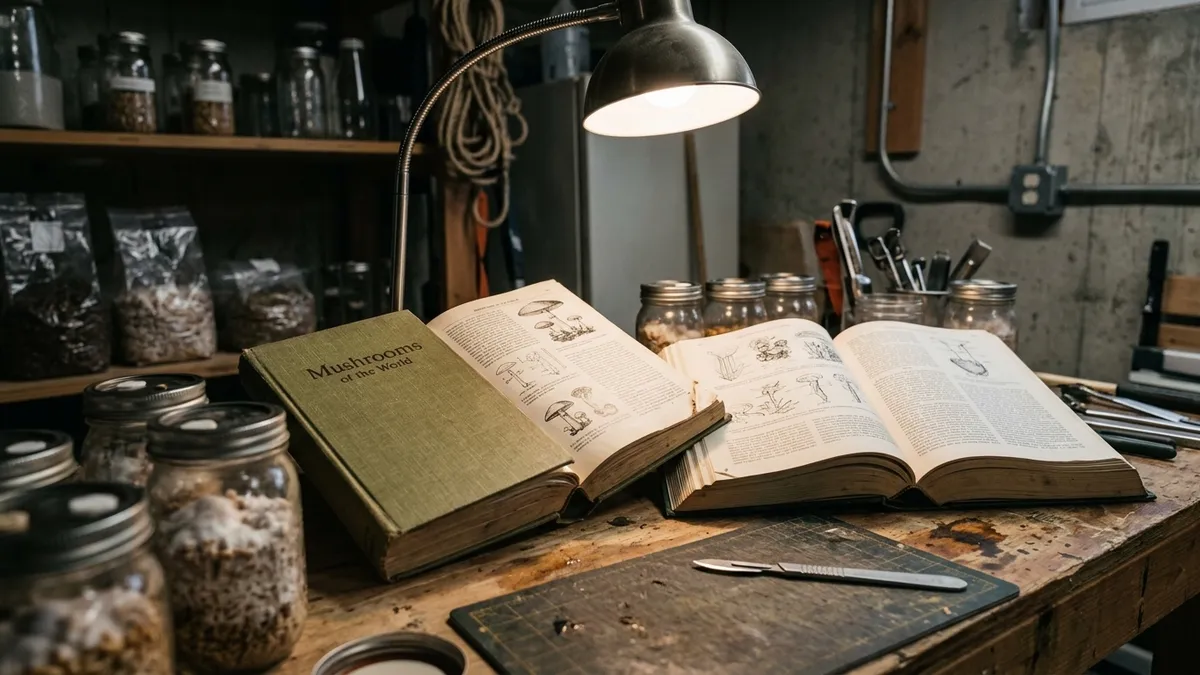 Cultivation references open on a workbench beside jars of colonised grain and a scalpel