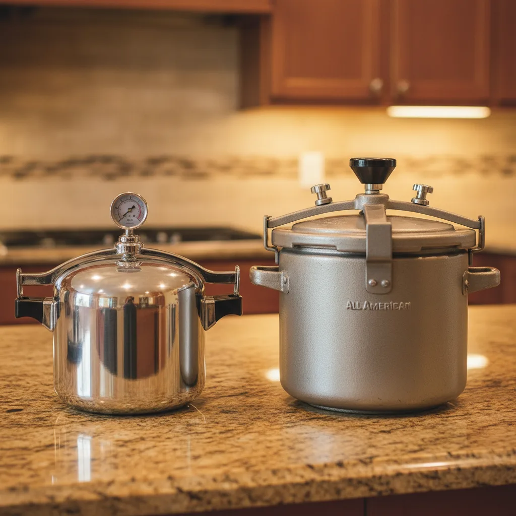Presto and All American pressure cookers side by side on a kitchen counter with mushroom grain jars