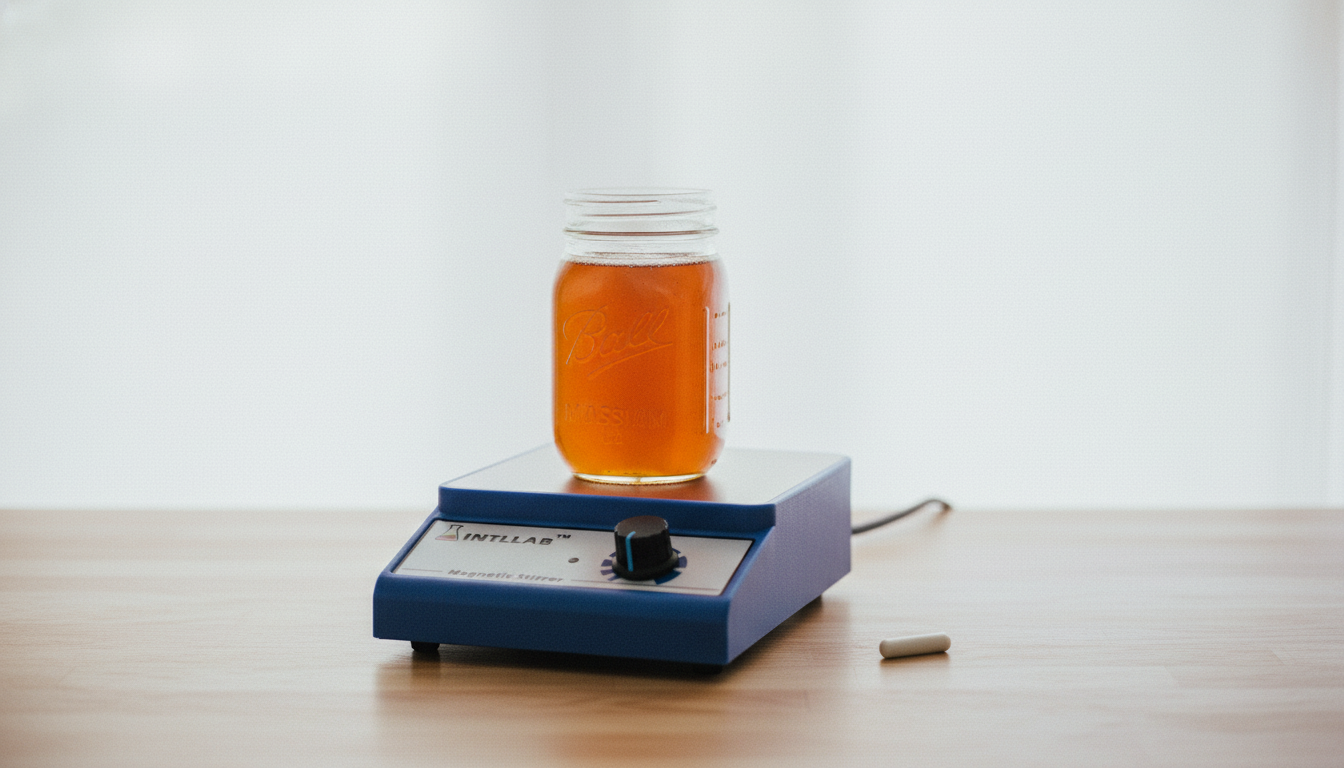 Magnetic stir plate with mason jar of honey liquid culture showing vortex from spinning stir bar