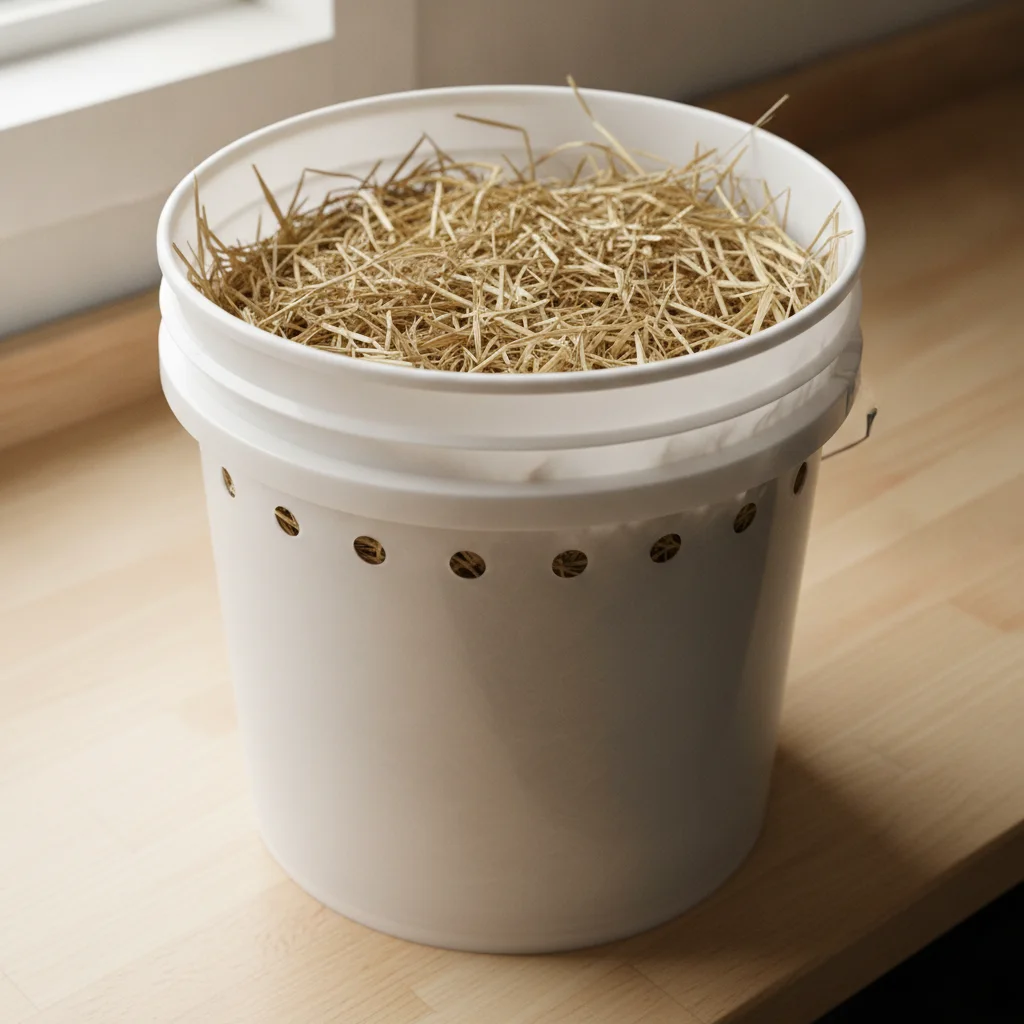 Minimal bucket tek setup with straw packed into a drilled food-safe bucket on a wooden bench for growing oyster mushrooms at home.