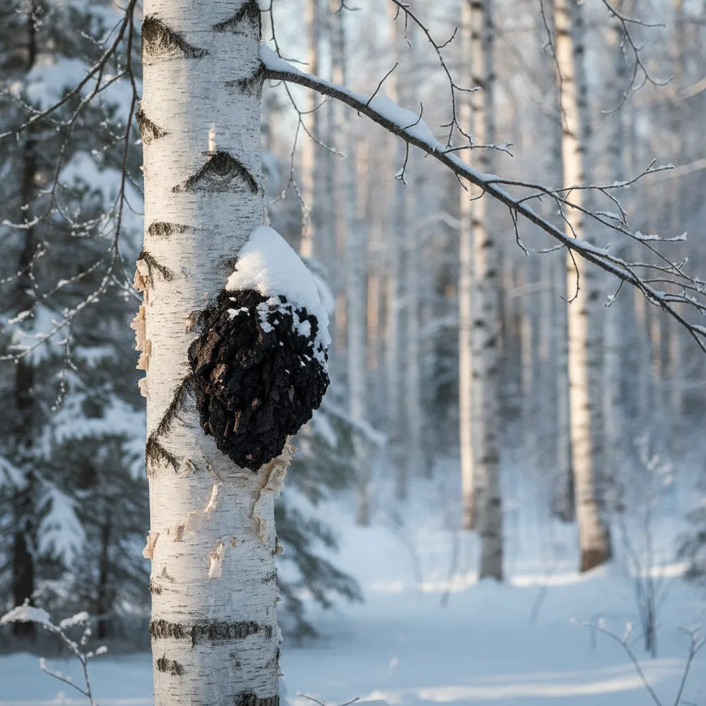 A chaga conk growing on a white birch trunk in a snowy Ontario forest