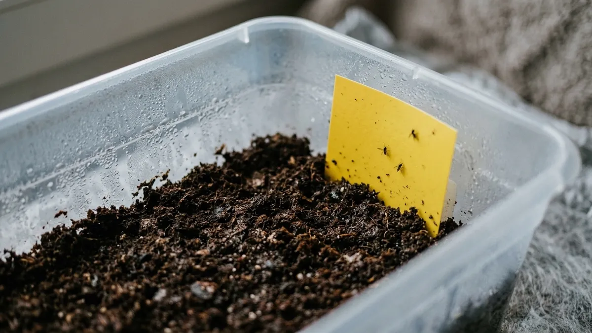 Small dark flies on the damp surface of a mushroom substrate tub beside a yellow sticky trap