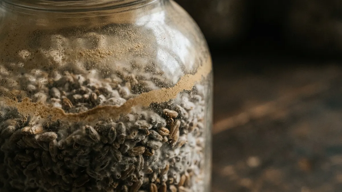 Fine tan dust gathered against the glass of a grain spawn jar with patchy grey mycelium behind it