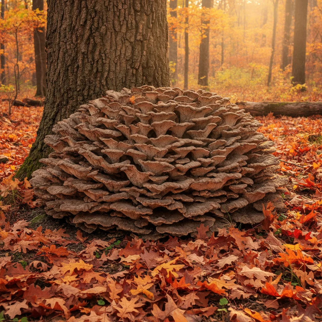 Large hen of the woods mushroom cluster with overlapping grey-brown fronds growing at the base of an oak tree