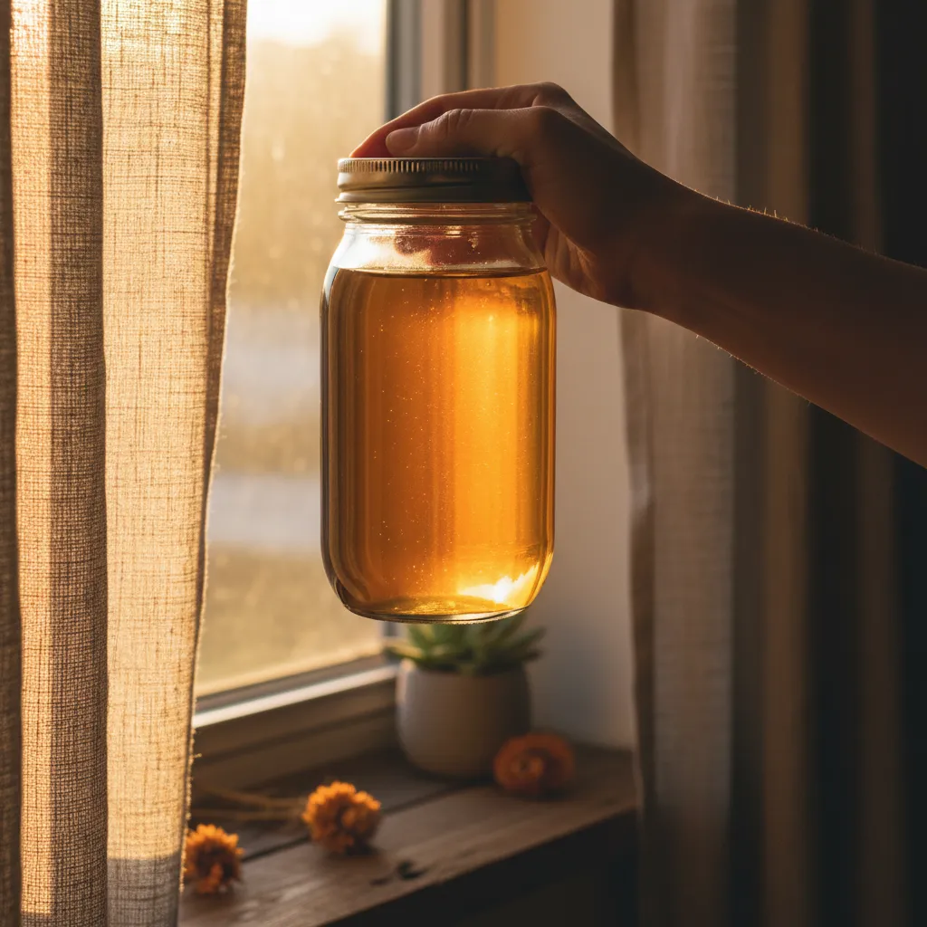Clear jar of mushroom liquid culture with visible mycelium growth