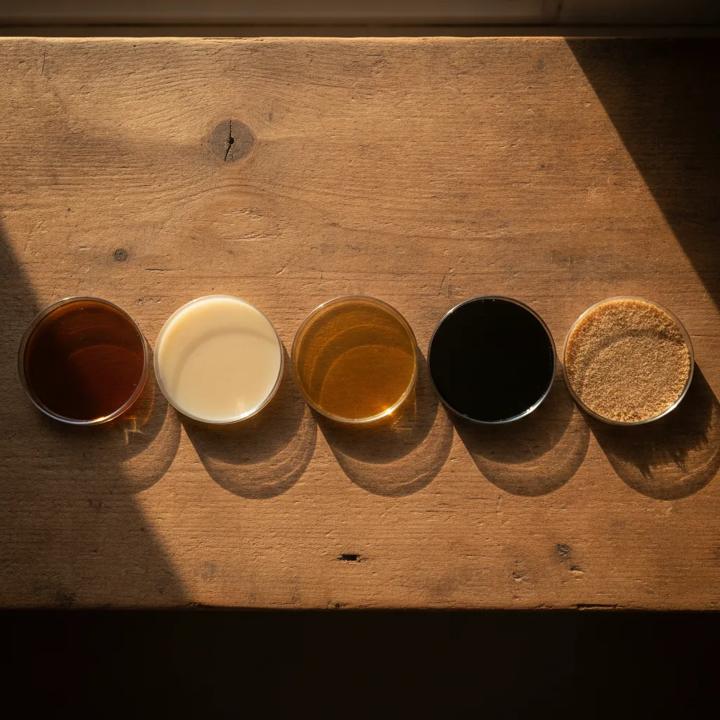 Five pre-poured mushroom agar plates fanned across a rustic wood bench in golden-hour light, showing amber malt, potato dextrose, honey, black carbon and sawdust media