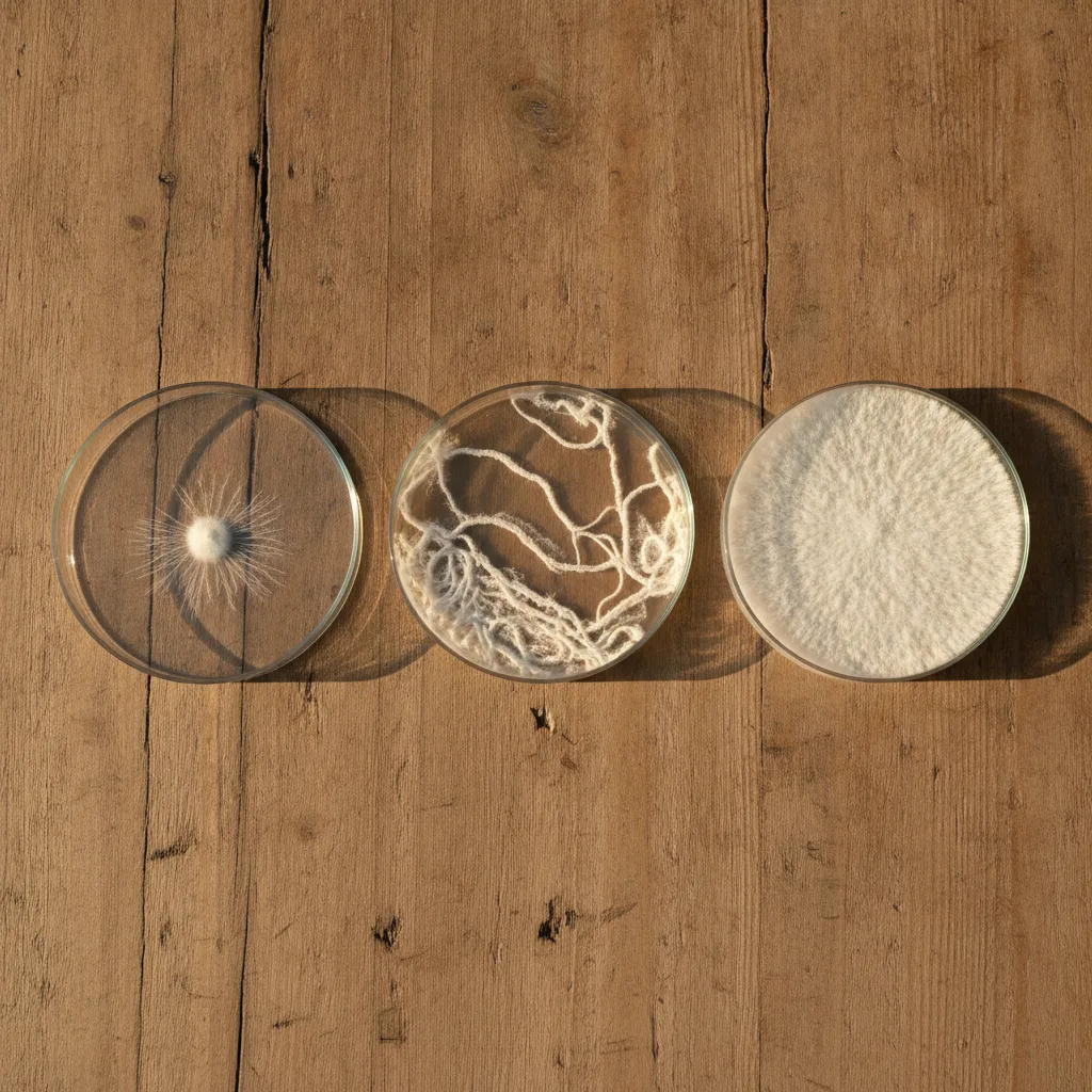 Three 90mm agar plates side by side on warm wood showing a small white mycelium start, a wider rhizomorphic colony and a fully colonised plate at day three, seven and fourteen