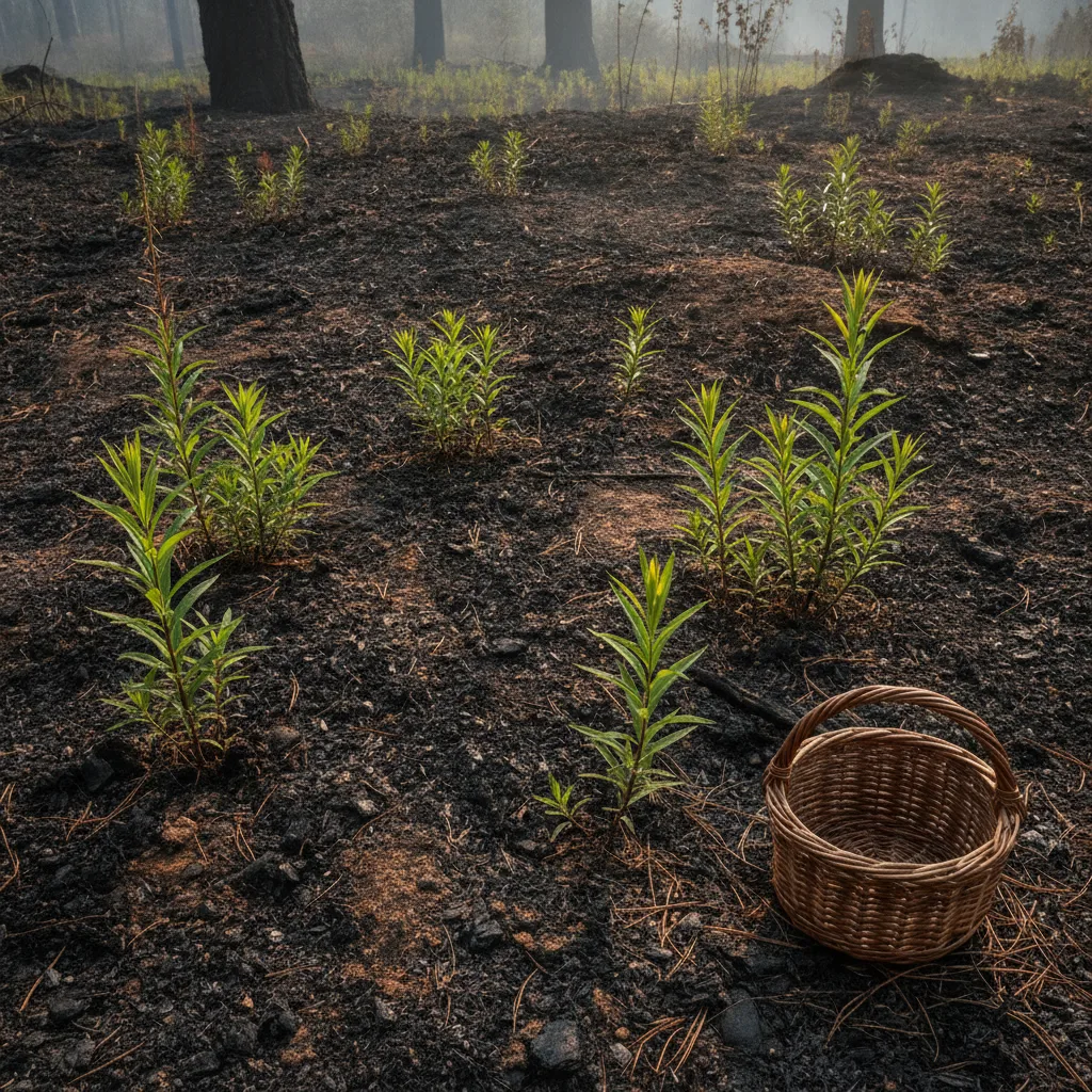 Regenerating Alberta burn area with charred soil and fireweed where spring morel hunters may scout after wildfires.