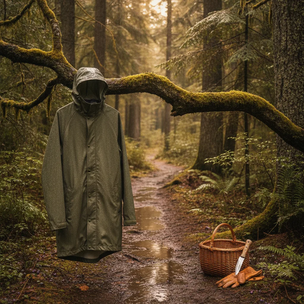 Rain jacket and basket on a damp maritime forest trail, showing practical Atlantic Canada foraging conditions.
