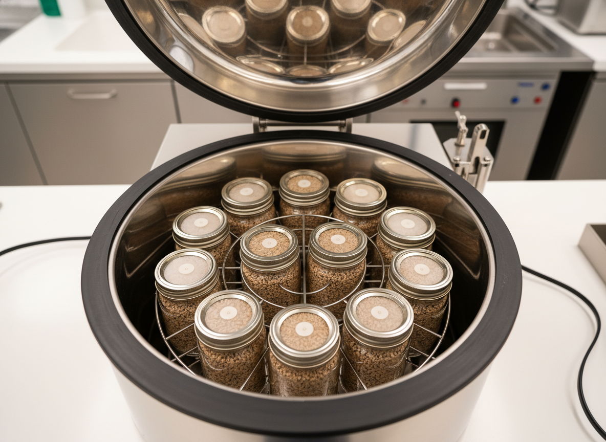 Autoclave sterilizer loaded with mason jars on a rack in a mushroom cultivation lab