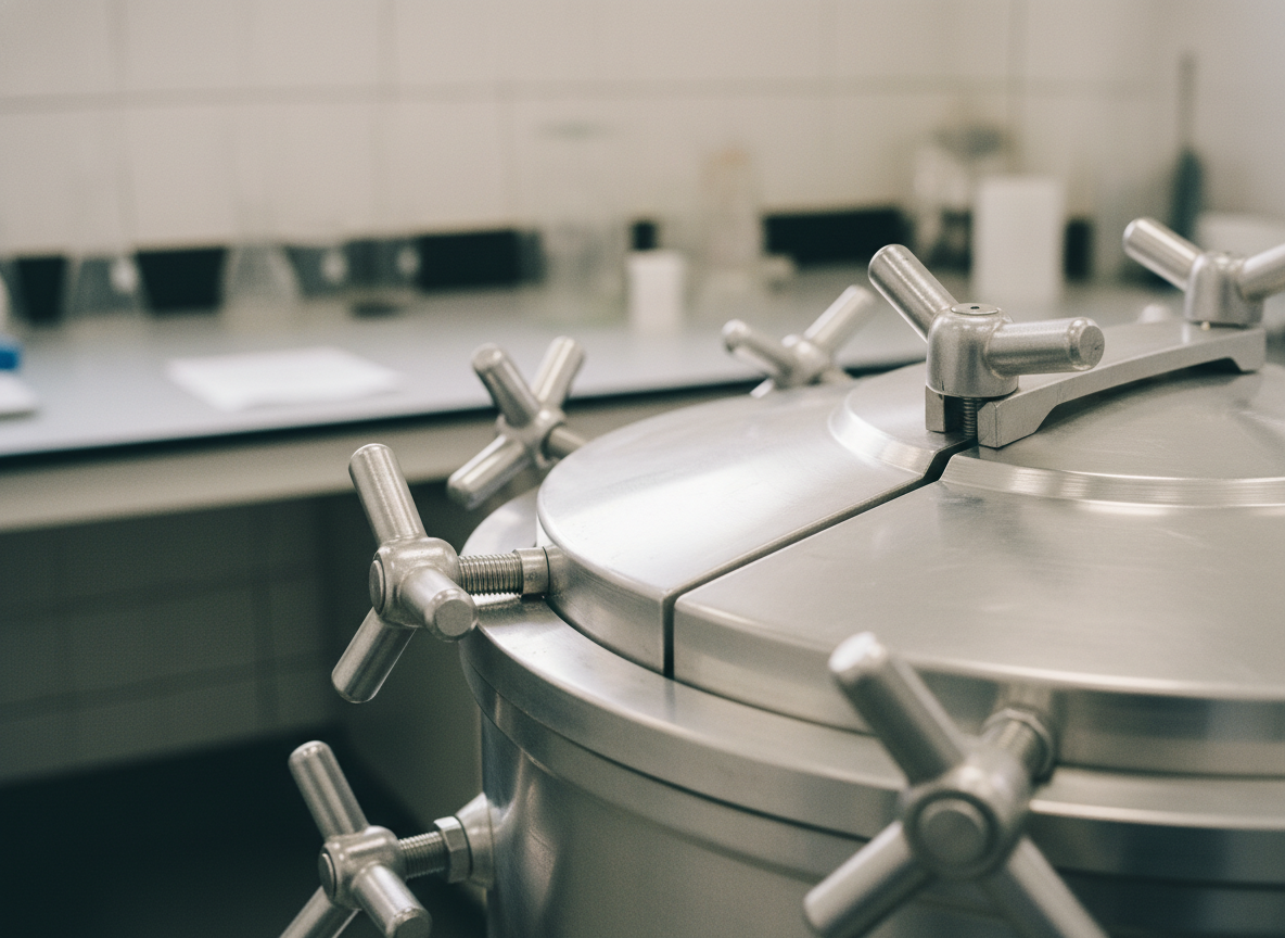Close-up detail of an All American sterilizer metal-to-metal seal and wing nut clamps