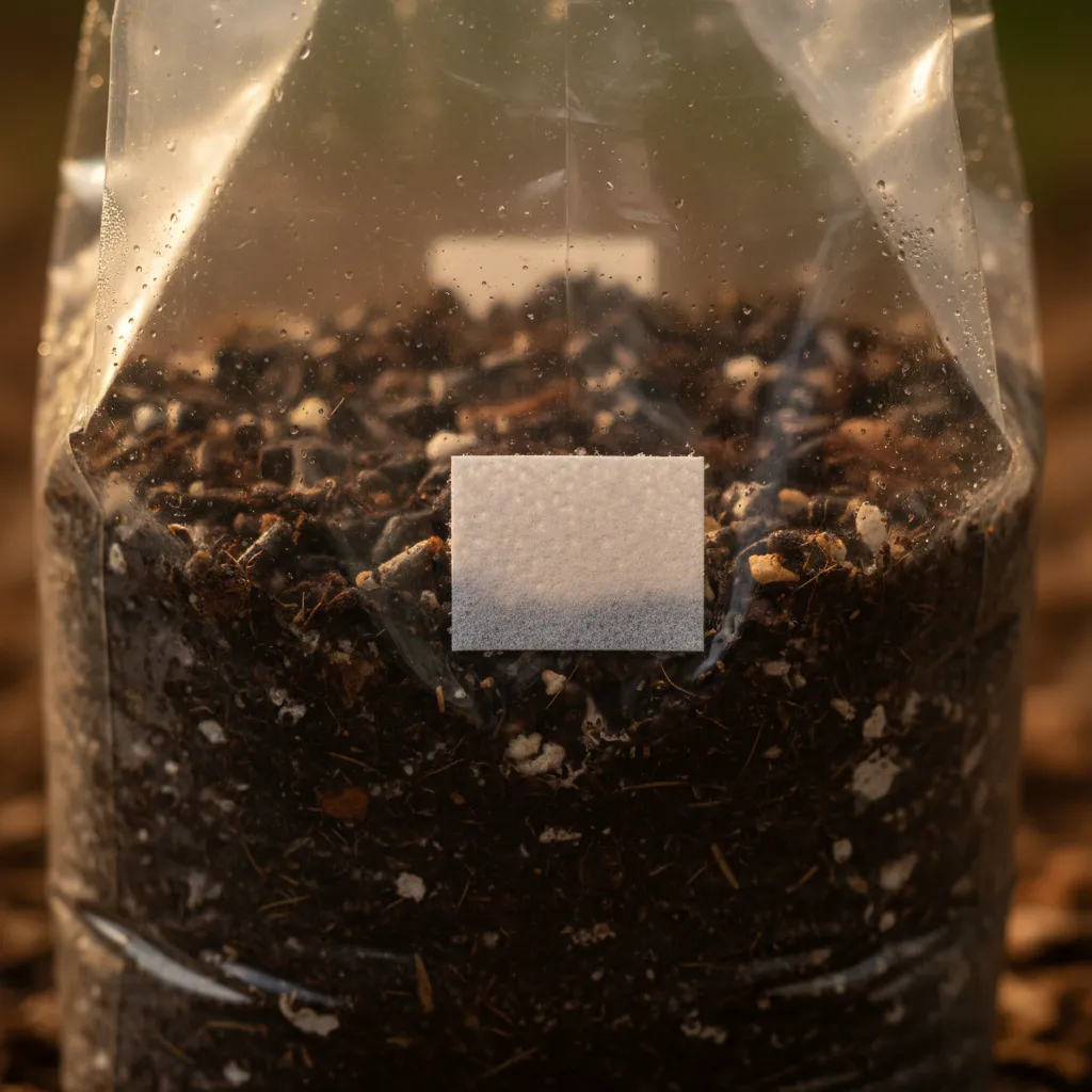 Close-up of a grow bag filter patch — allows gas exchange while blocking contaminants