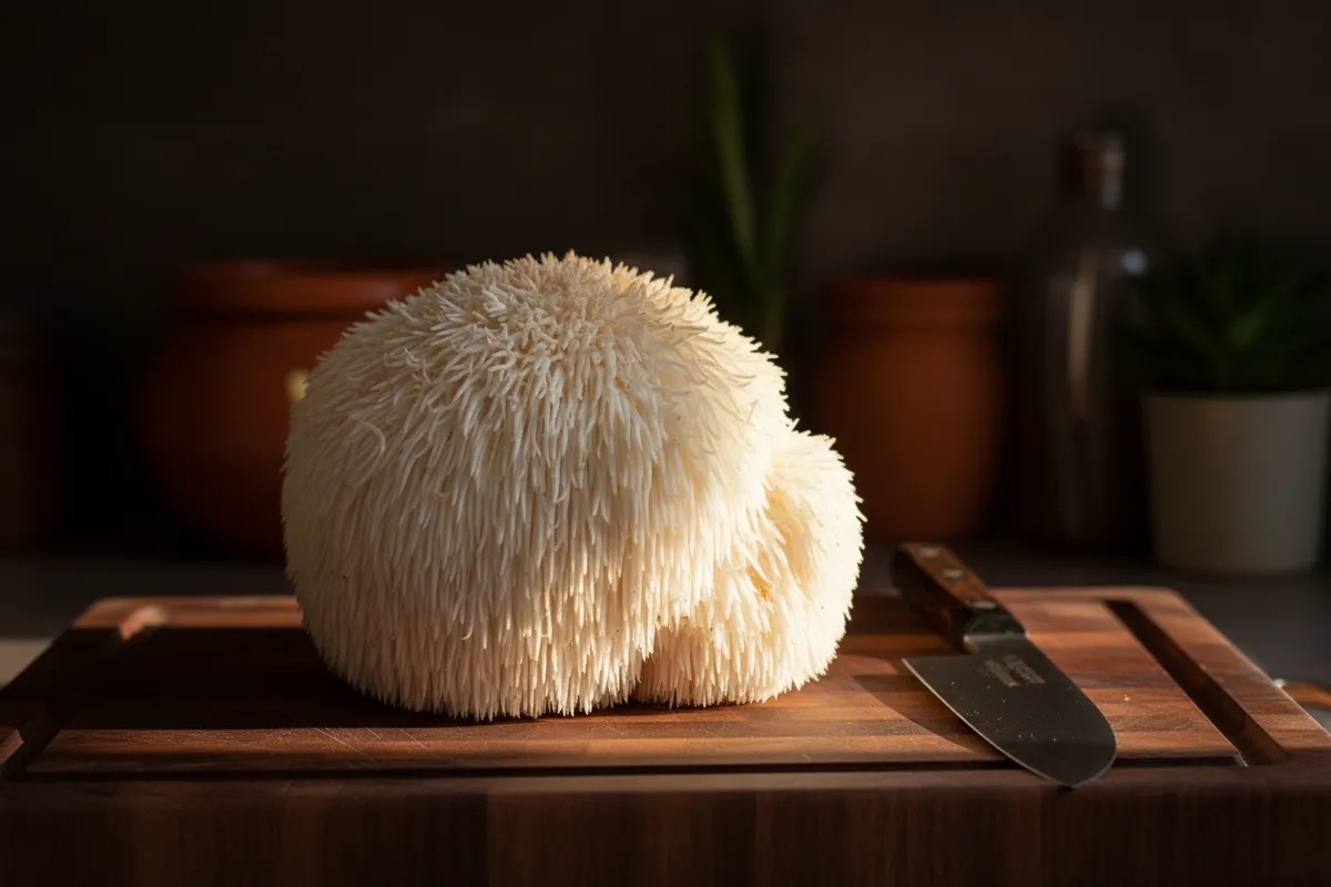Lion's Mane mushroom on a dark cutting board with chef's knife