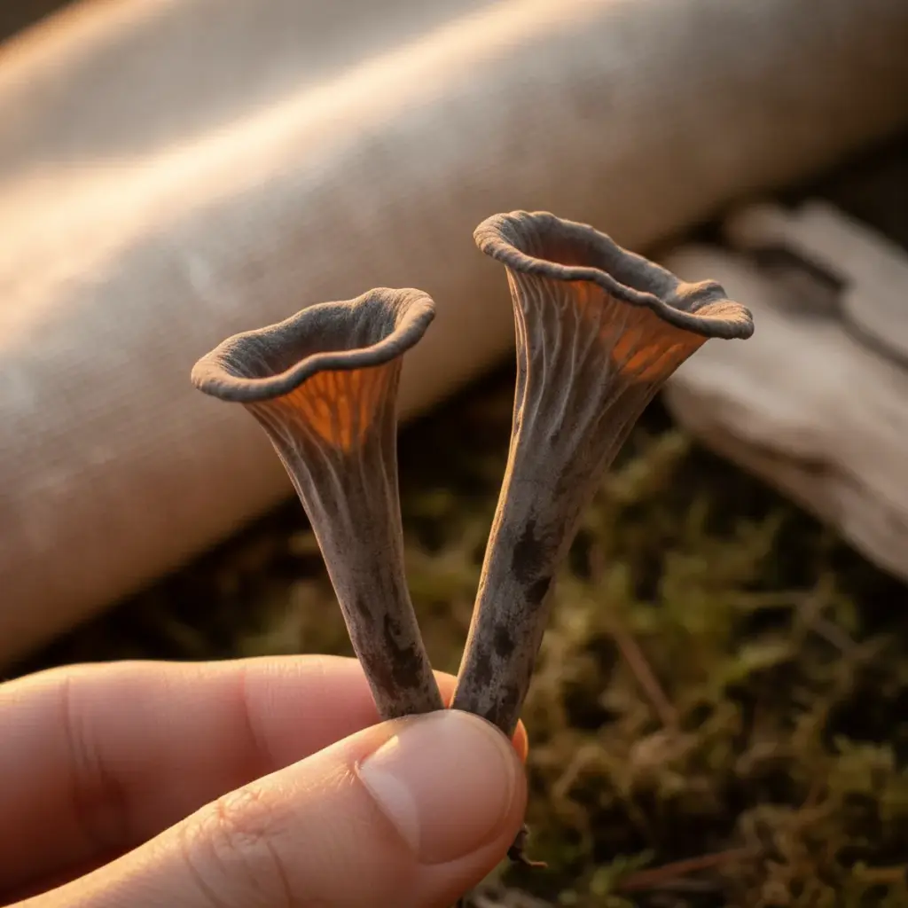 Macro photograph of two black trumpet mushrooms held against soft daylight showing the hollow vase-shaped funnel running the full length and the thin wavy rim