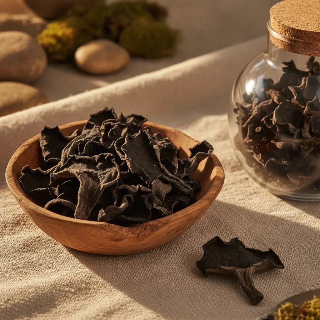 Dried black trumpet mushrooms, brittle and almost black, in a shallow wooden bowl beside a glass storage jar on a linen cloth