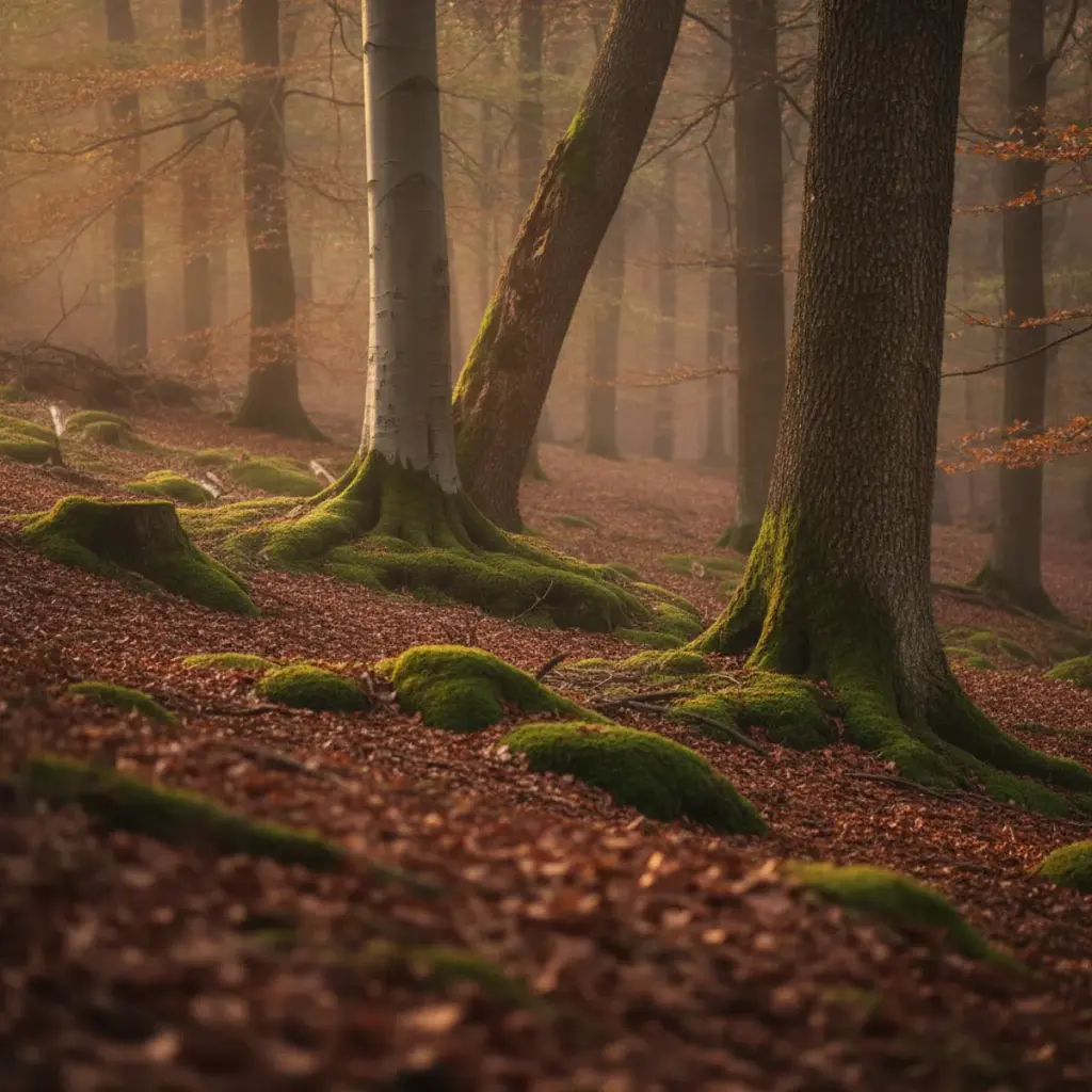 A mossy slope in a mature hardwood forest with beech and oak trunks, deep leaf litter and patches of bright green moss in dappled light