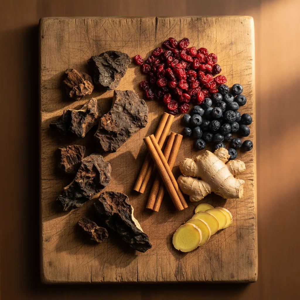 Chaga chunks alongside superfoods — one of nature's most powerful antioxidants