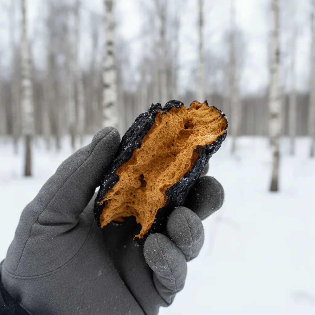 Golden-orange interior of a freshly harvested chaga chunk beside the black outer crust