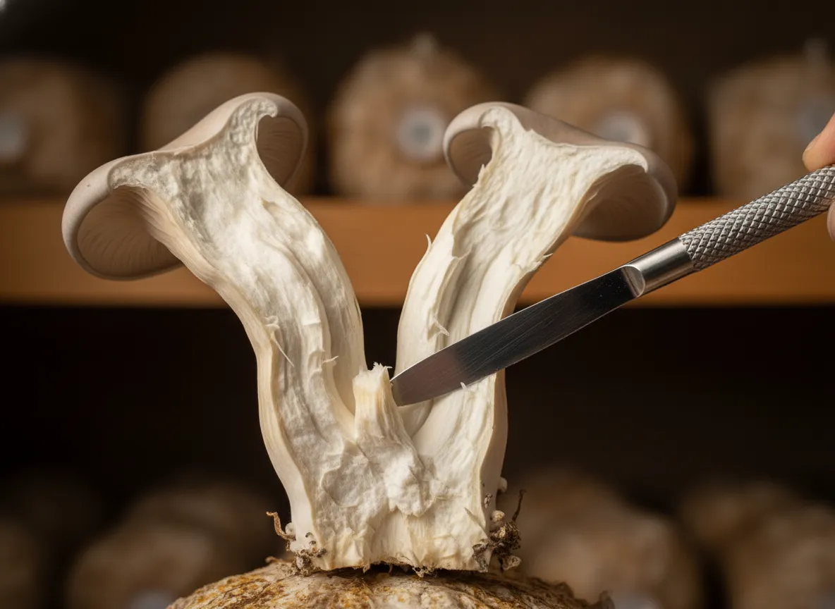 Mushroom torn open to show clean inner tissue — the ideal cloning source