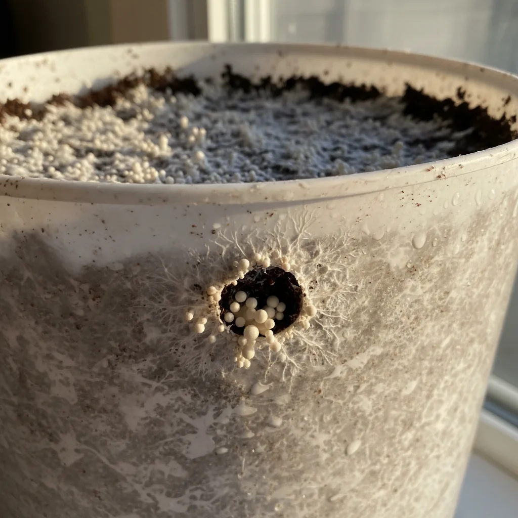 Tiny oyster mushroom pins emerging from fruiting holes in a coffee grounds bucket