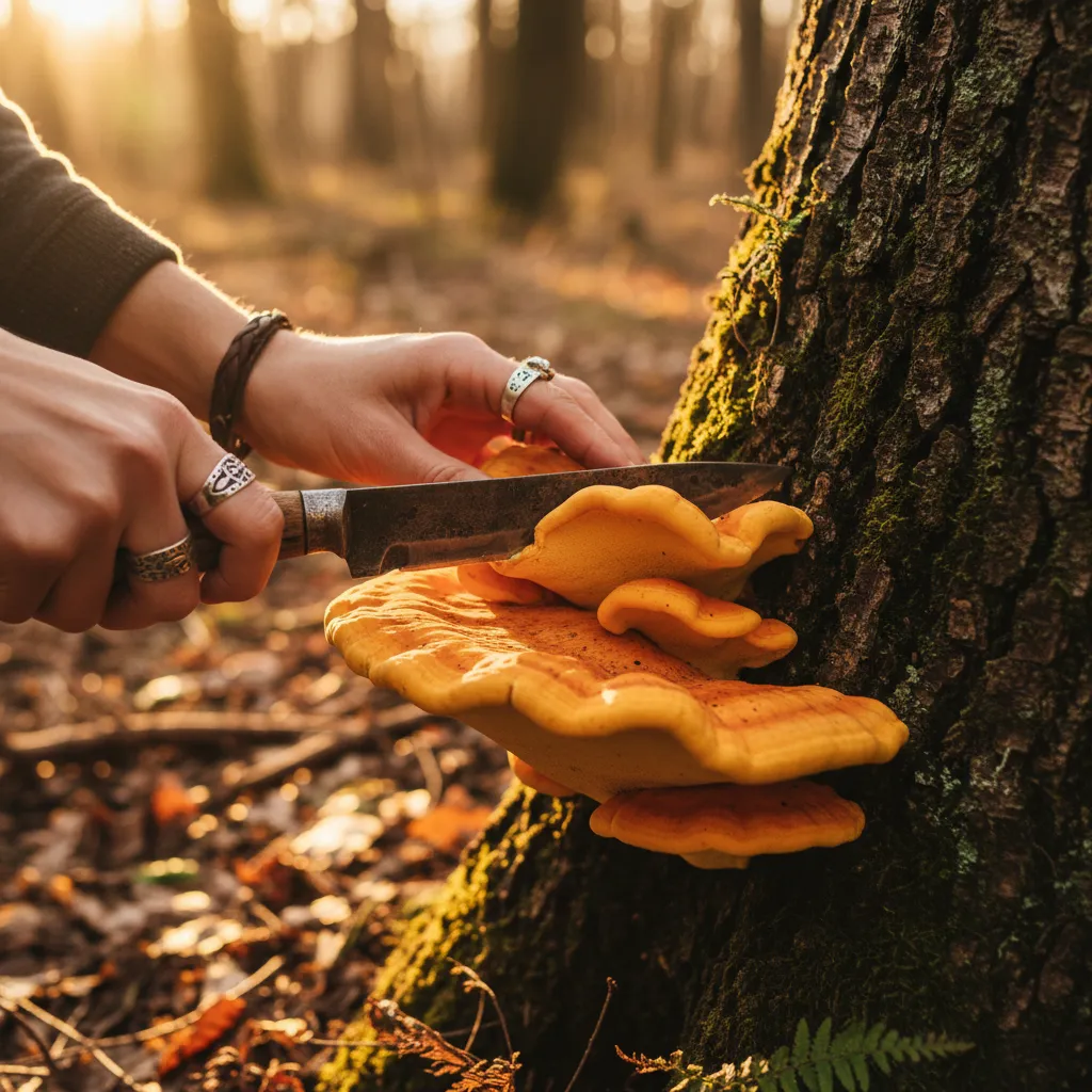 Carefully cutting tender chicken of the woods from an oak tree