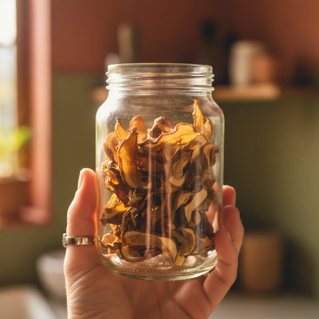 Fully dried mushrooms in a glass jar — the end result of proper dehydration