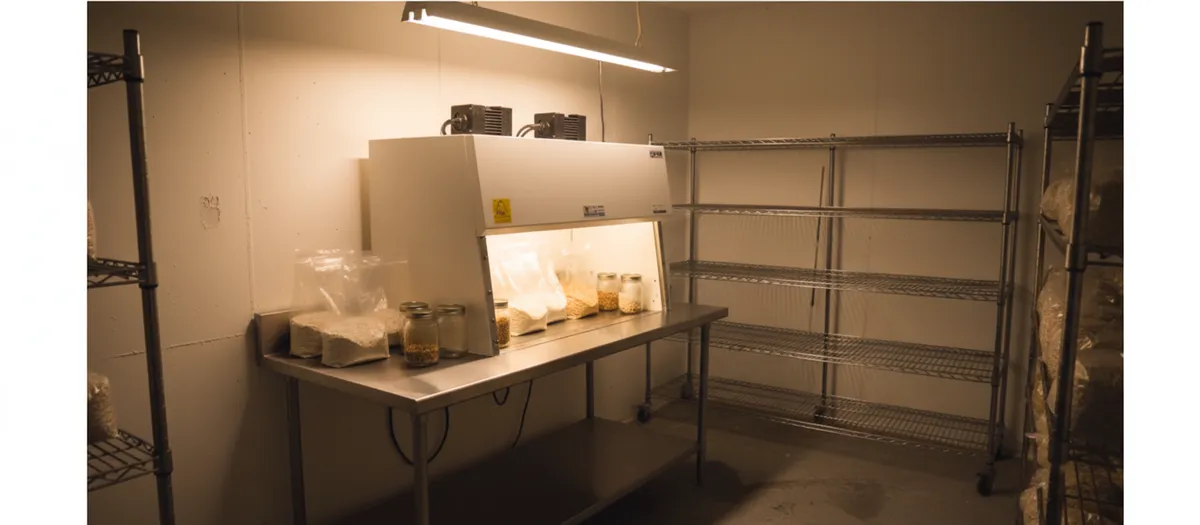 A small farm's inoculation lab — still air box and sterile technique