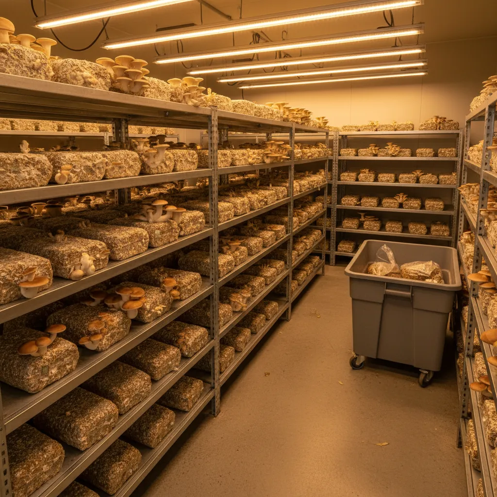 A commercial mushroom fruiting room — shelving packed with substrate blocks