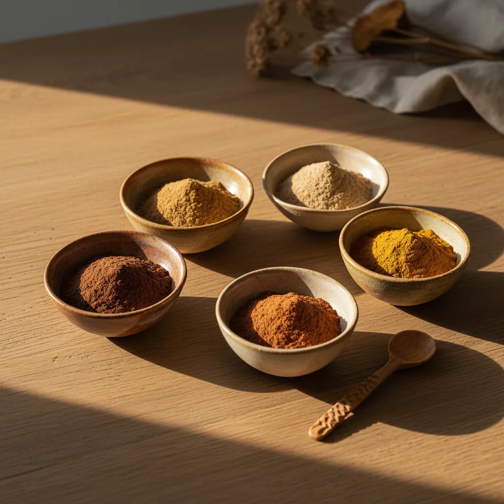 Five different mushroom powders — each species offers unique benefits