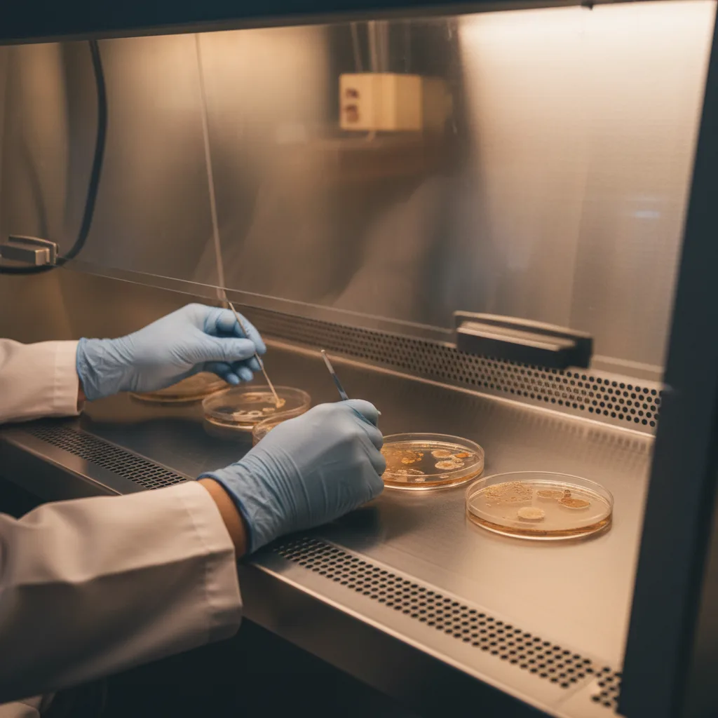 Working in front of a laminar flow hood β clean air flowing over the workspace