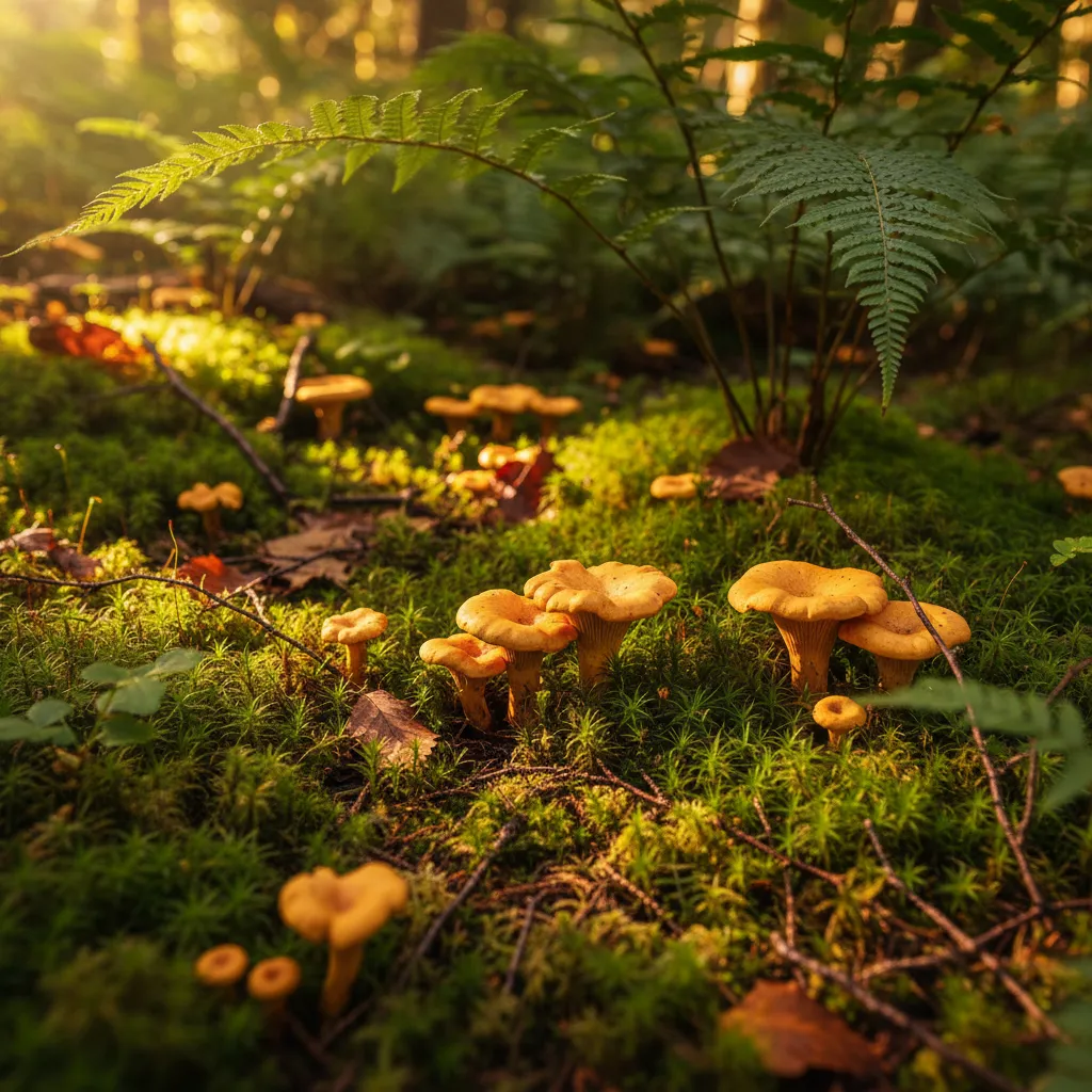 Golden chanterelles growing among moss in a BC temperate rainforest