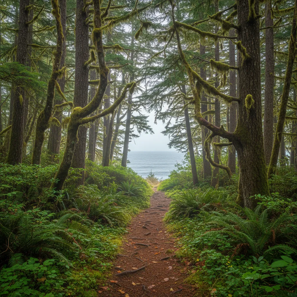Misty coastal forest trail on Vancouver Island — prime foraging territory