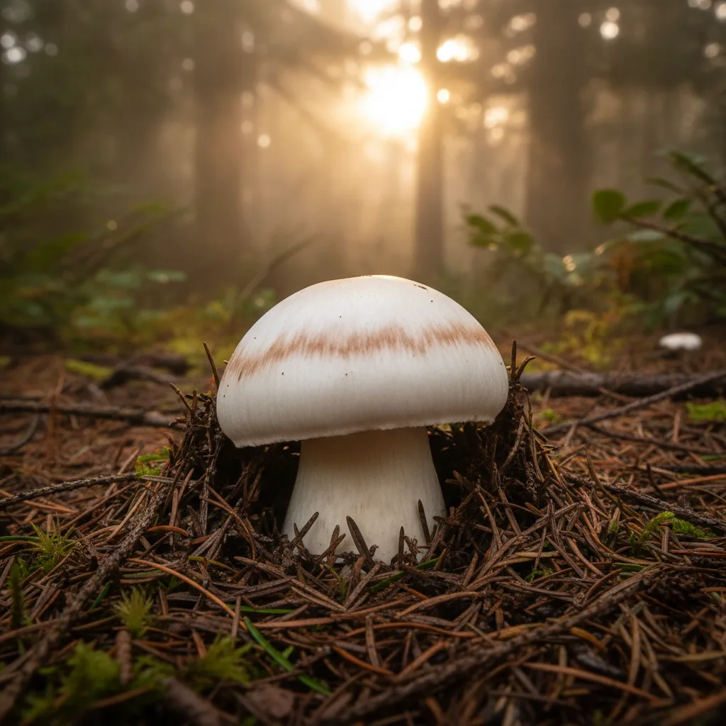 Firm white pine mushroom, or matsutake, with a thick stem and a cinnamon-brown streak on the cap, pushing up through conifer needle duff in a misty British Columbia coastal forest