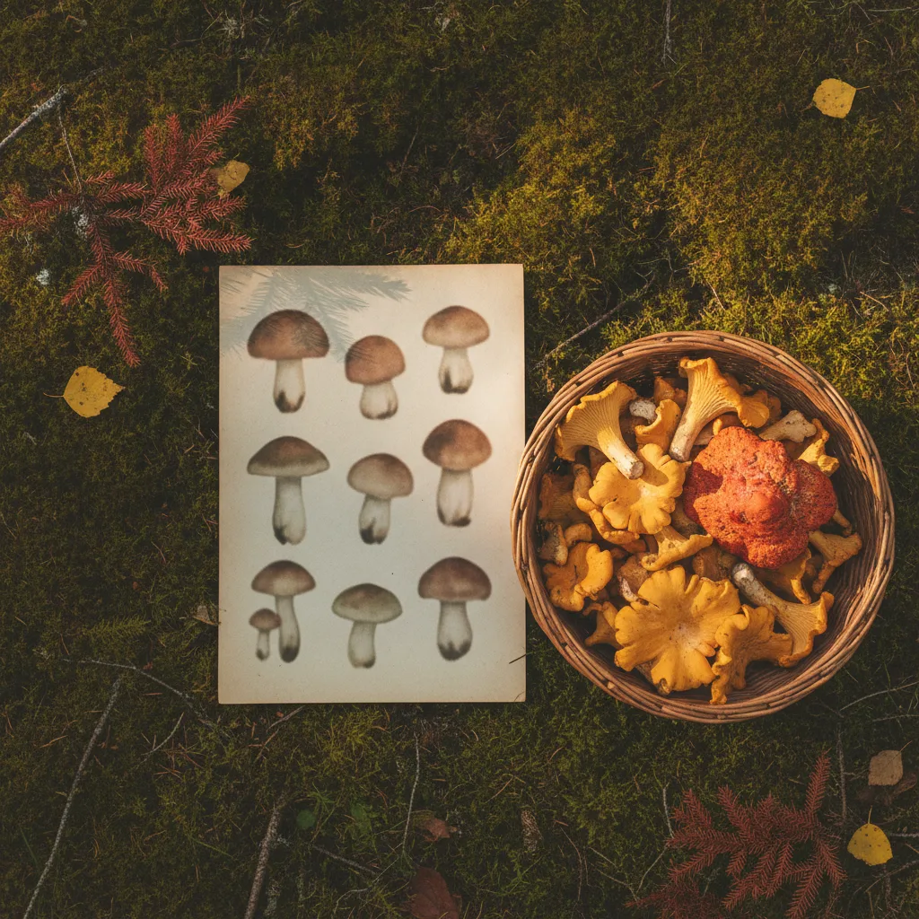 Printed Nova Scotia mushroom identification chart lying on moss beside a wicker basket of freshly foraged golden chanterelles and a red lobster mushroom in Acadian forest light