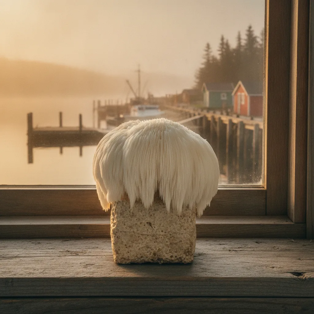 White lion's mane mushroom fruiting from a Nature Lion grow kit on a wooden windowsill with a foggy Nova Scotia harbour in the background