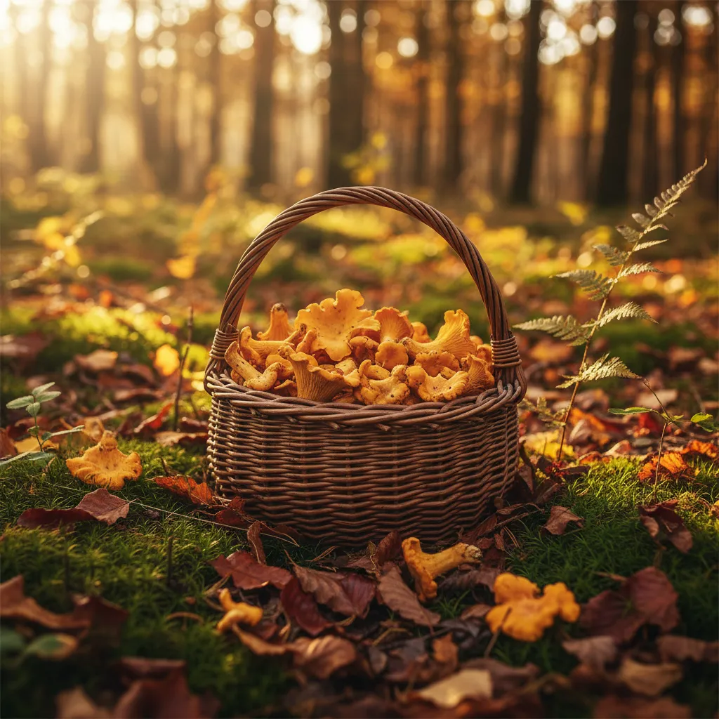 Freshly foraged chanterelles in a wicker basket on the forest floor