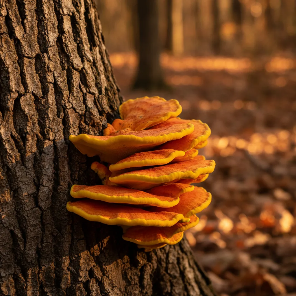 Bright orange chicken of the woods brackets on an oak trunk
