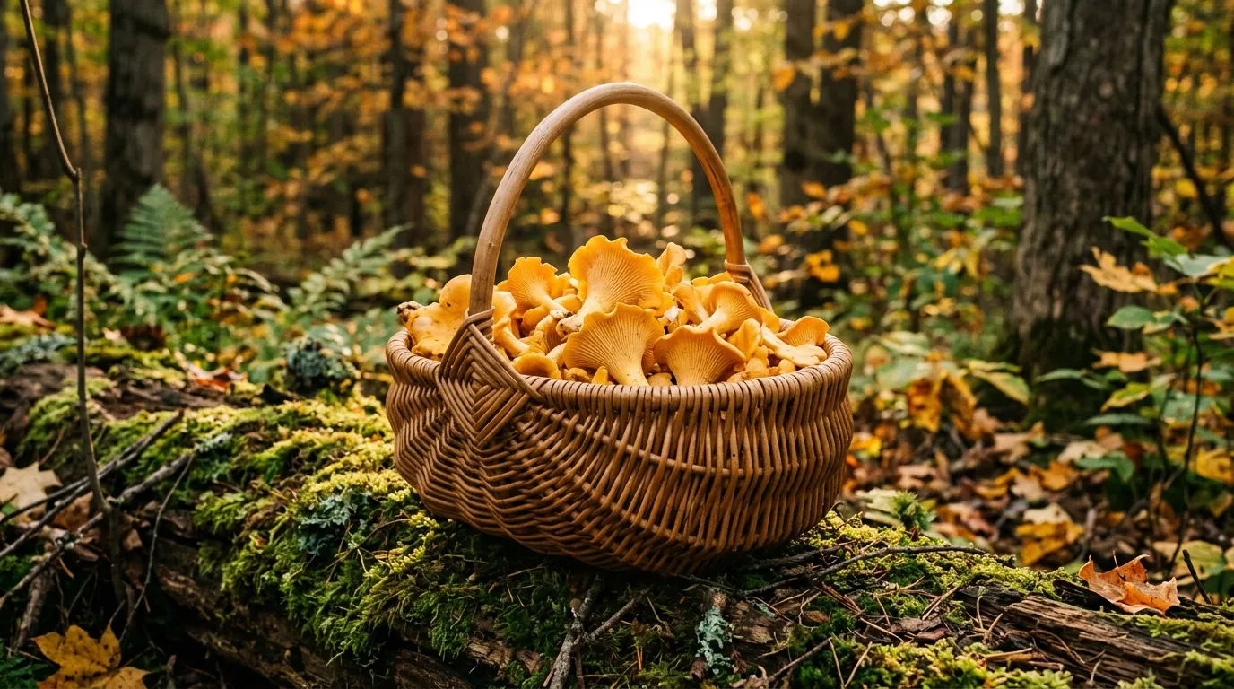 A woven wicker basket piled with golden chanterelles resting on a mossy fallen log in a southern Ontario maple and beech forest, lit by warm early autumn golden-hour sun