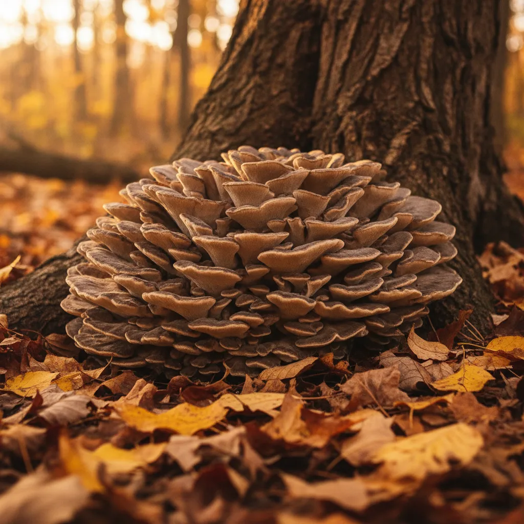 Ruffled hen of the woods cluster at the base of a mature oak