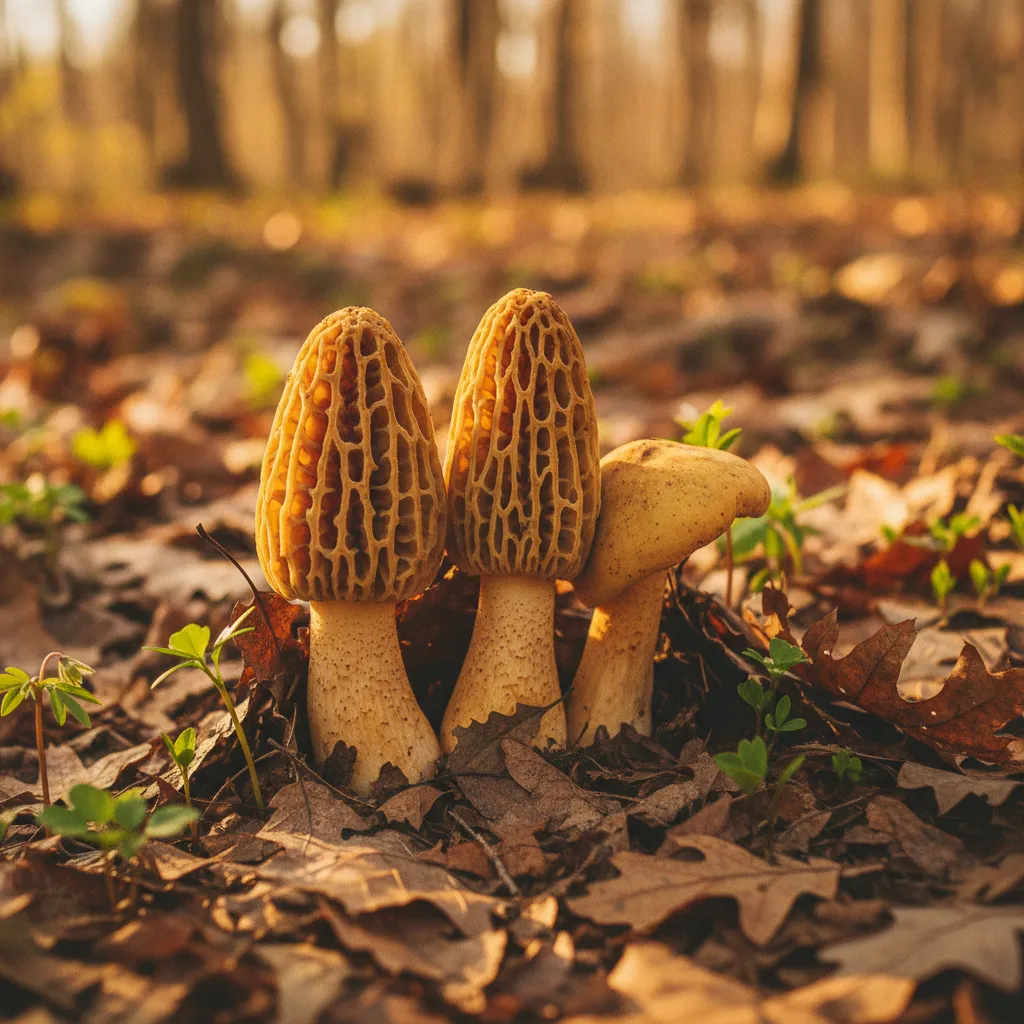 Yellow morels on the forest floor in an Ontario hardwood stand