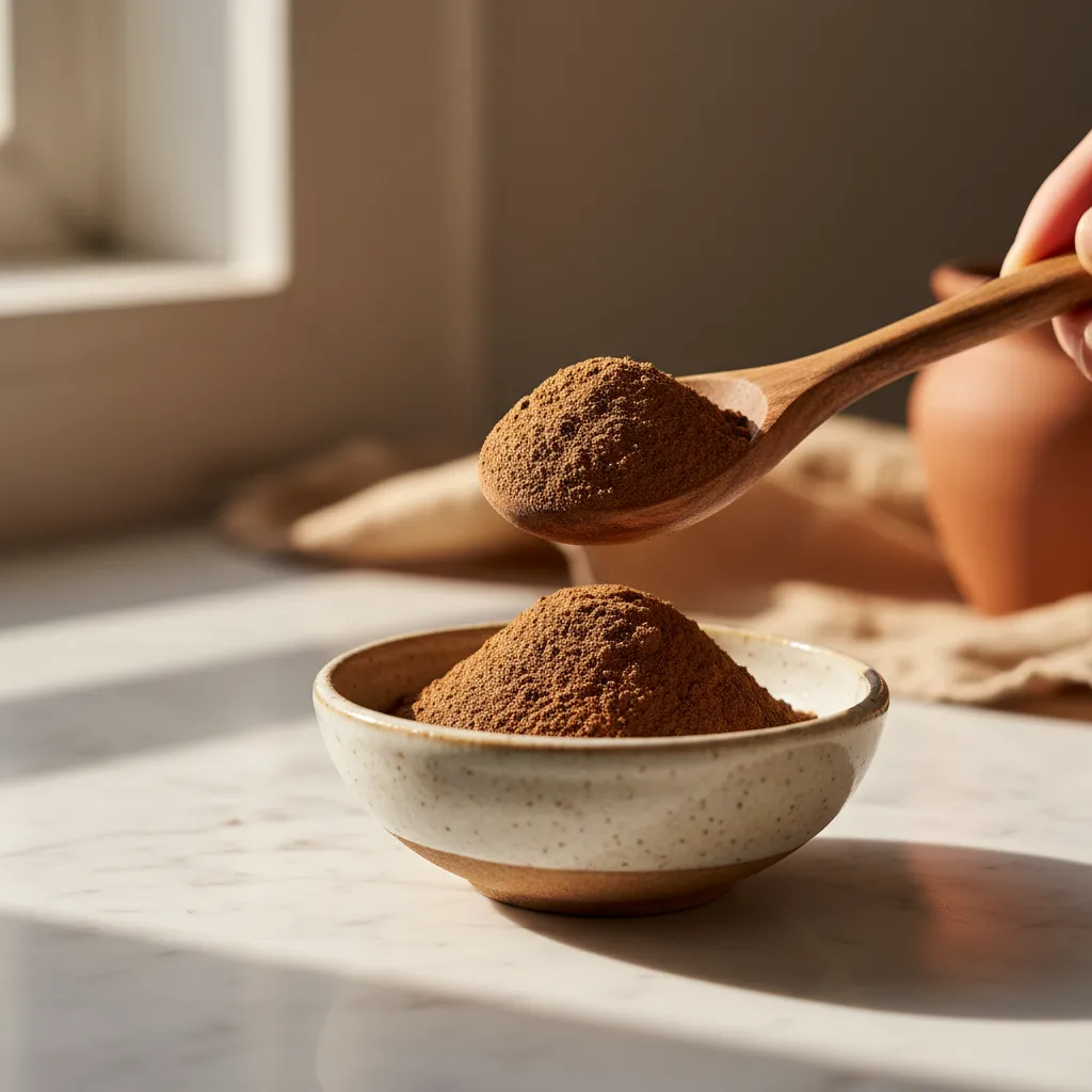 Mushroom powder on a wooden spoon — versatile and easy to add to food