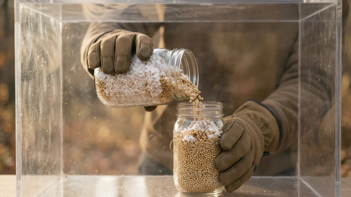 Gloved hands tipping colonized white millet grain from one glass jar into a fresh jar of clean grain inside a clear acrylic still air box