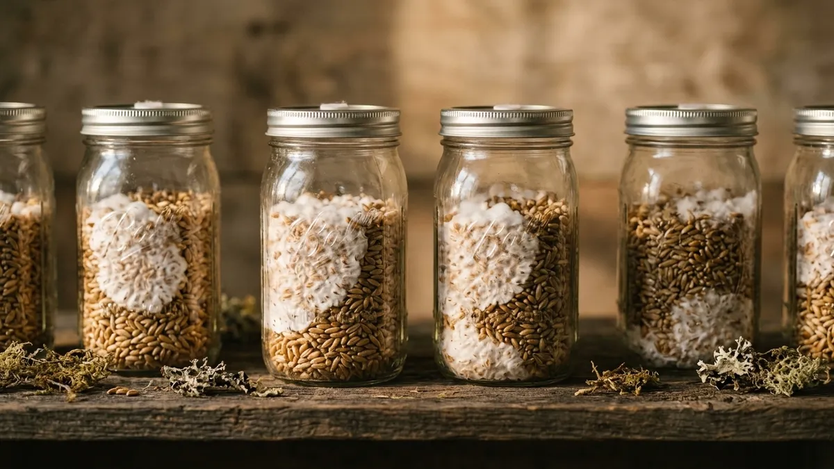 A row of freshly shaken grain spawn jars on a rustic wooden shelf in golden hour light, white mycelium visible in patches through the glass