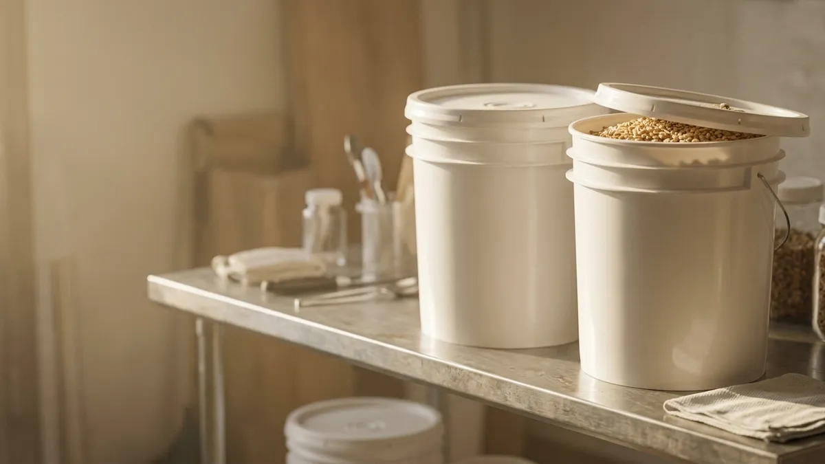 Sealed food-grade buckets of rye grain with gasket lids on a bare wipeable workshop shelf in warm morning light, one lid ajar showing the pale grain inside