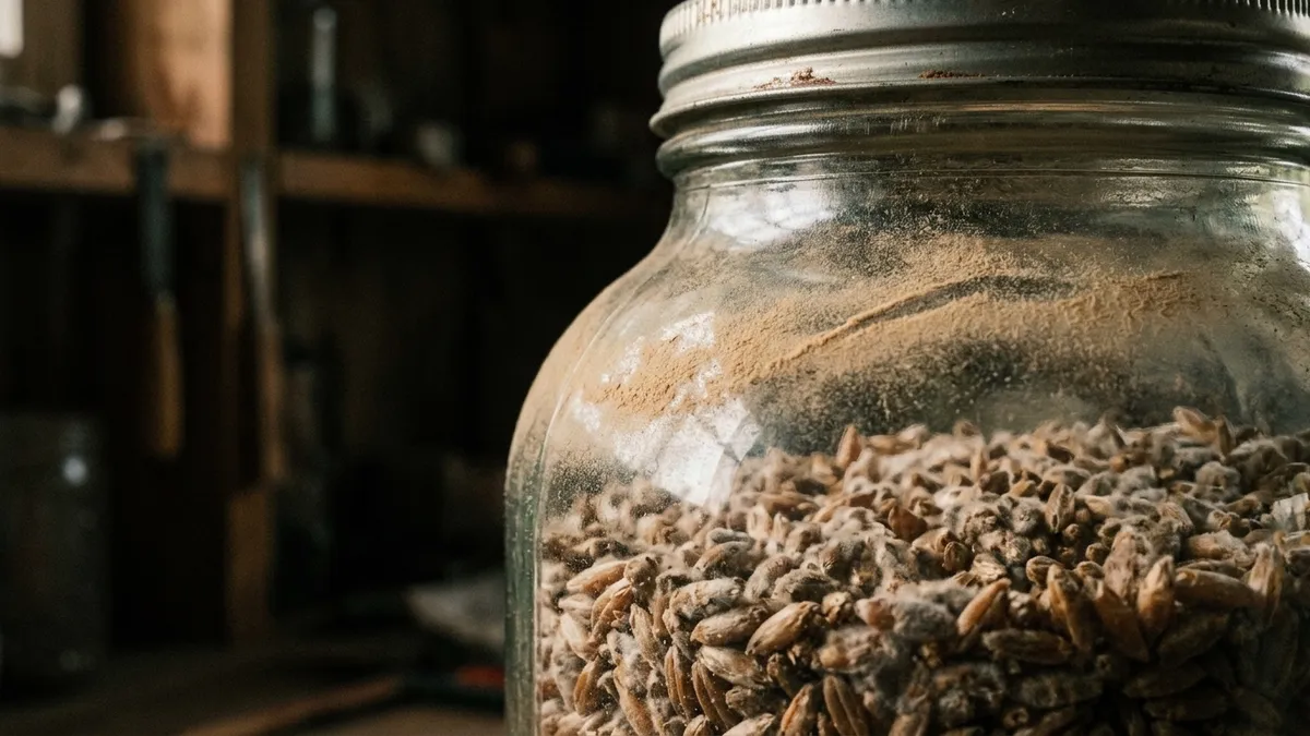 Fine tan grain mite dust drifted against the inside glass of a spawn jar, the colonised grain behind it patchy and grey instead of clean white, lit hard from the side