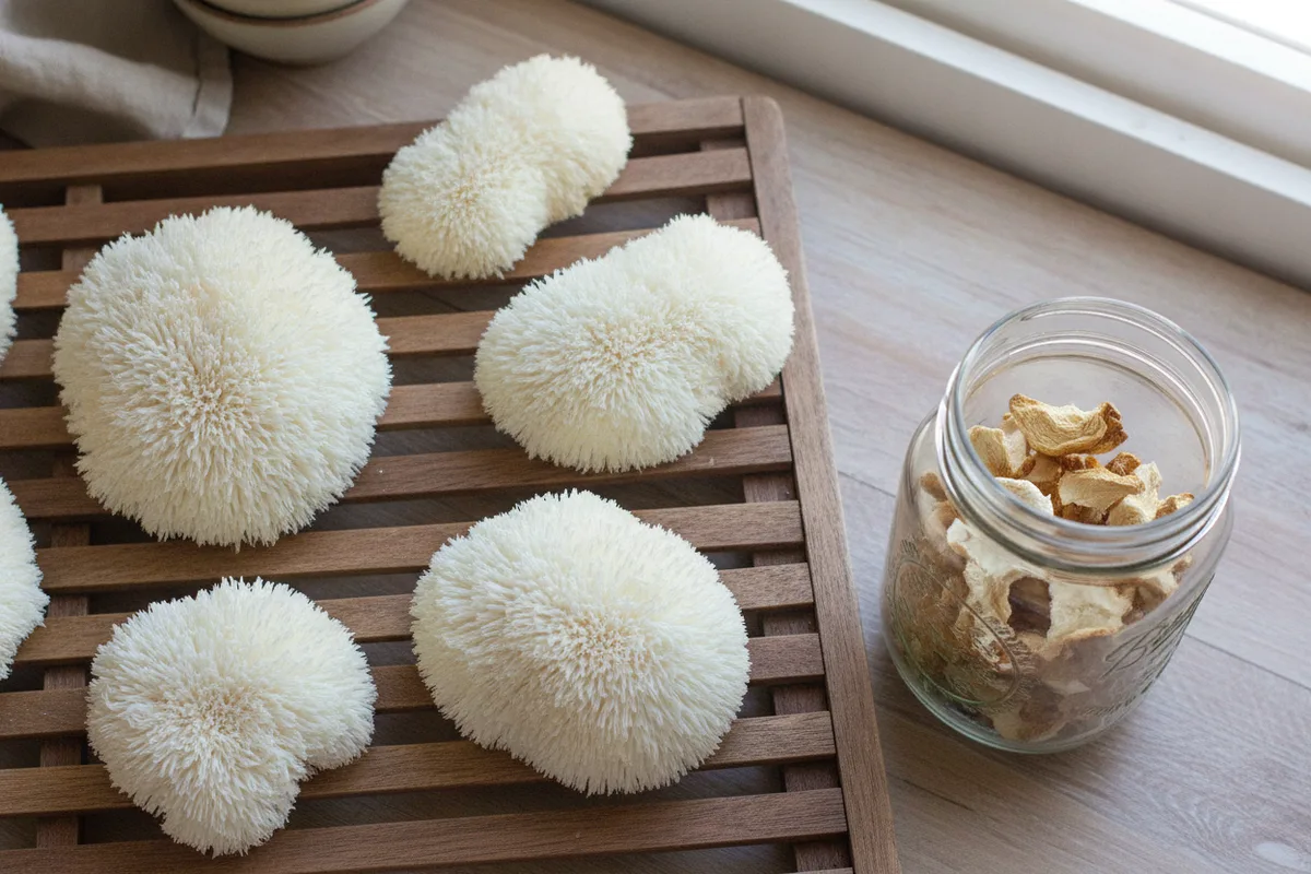 Sliced lion's mane pieces drying on a wooden rack beside a mason jar of dried mushroom, warm earth tones, soft morning light