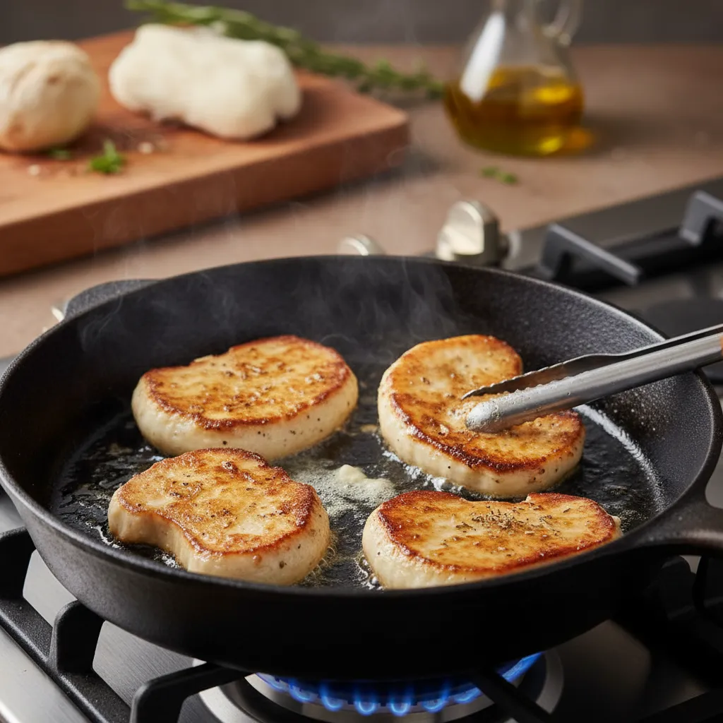 Pan-searing lion's mane steaks — golden crust with butter and thyme