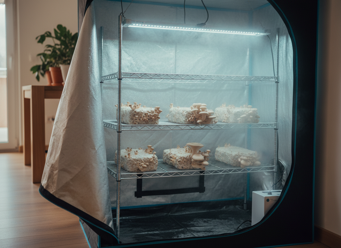 Grow tent interior with wire shelves ready for mushroom fruiting blocks