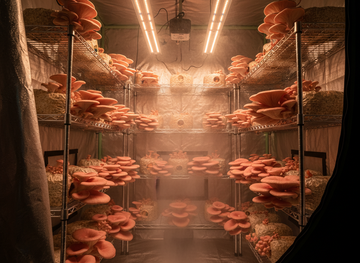 Mushroom fruiting tent interior with substrate blocks on wire shelves and humidifier mist