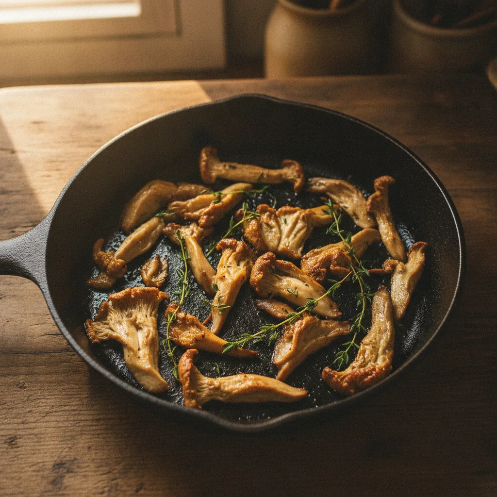 Hen of the woods fronds roasting to crisp golden-brown edges in a cast iron pan.